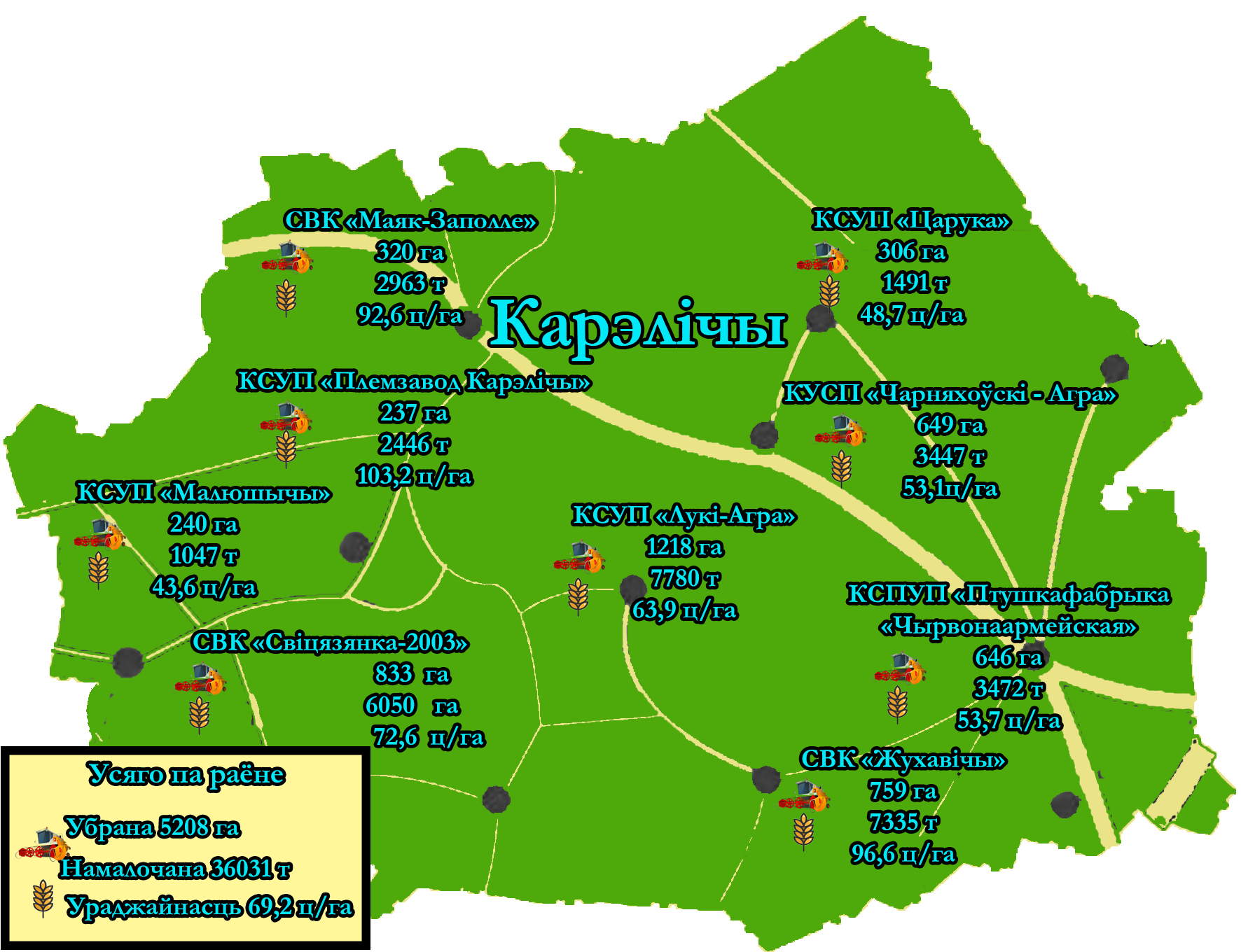 Ход уборочной кампании в Кореличском районе на 30 июля (инфографика)